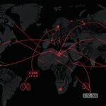 A dark, shadowy illustration of a global black market organ trade network showing money exchanging hands between shady brokers and maps with red lines connecting different countries, focusing on kidney symbols and price tags ranging from $1,300 to $150,000.
