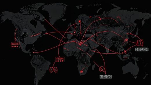 A dark, shadowy illustration of a global black market organ trade network showing money exchanging hands between shady brokers and maps with red lines connecting different countries, focusing on kidney symbols and price tags ranging from $1,300 to $150,000.