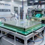 A detailed 3D visualization of an AI chip being manufactured in a semiconductor foundry cleanroom, with NVIDIA and Samsung logos visible in the background, showing advanced nanotechnology processes and robotic arms handling wafers.