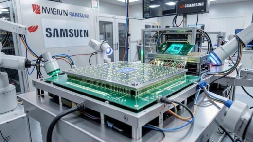 A detailed 3D visualization of an AI chip being manufactured in a semiconductor foundry cleanroom, with NVIDIA and Samsung logos visible in the background, showing advanced nanotechnology processes and robotic arms handling wafers.