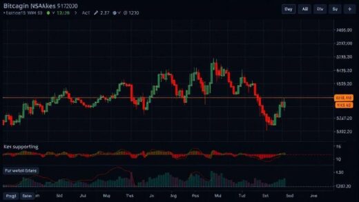 A detailed financial chart showing Bitcoin price movements with 200-week moving average line, on a dark-themed trading screen with candlestick patterns and key support/resistance levels highlighted.