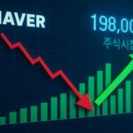 A detailed financial chart showing Naver stock price declining while revenue bars are increasing, with contrasting red and green arrows symbolizing the paradox of strong earnings but falling stock price. Korean stock market background with digital numbers showing 198,000 KRW.