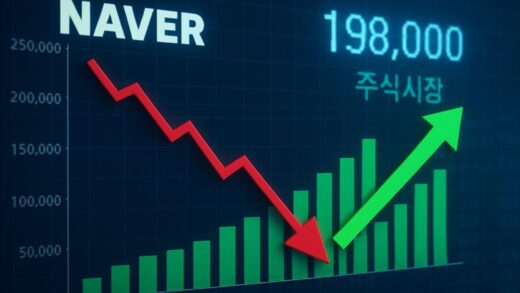 A detailed financial chart showing Naver stock price declining while revenue bars are increasing, with contrasting red and green arrows symbolizing the paradox of strong earnings but falling stock price. Korean stock market background with digital numbers showing 198,000 KRW.