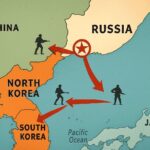A detailed geopolitical map showing North Korea and Russia with military troop movements and strategic alliance symbols, digital illustration style