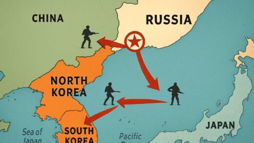 A detailed geopolitical map showing North Korea and Russia with military troop movements and strategic alliance symbols, digital illustration style
