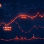 A detailed geopolitical world map showing Seoul and the Strait of Hormuz highlighted with glowing lines, with stock market charts and oil price graphs overlaying the map, representing global economic volatility in 2026.