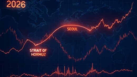 A detailed geopolitical world map showing Seoul and the Strait of Hormuz highlighted with glowing lines, with stock market charts and oil price graphs overlaying the map, representing global economic volatility in 2026.