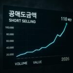 A detailed graph showing a sharp increase in short selling volume and value on a Korean stock market screen, with a dark, cloudy background symbolizing market uncertainty. The year 2026 is visible on the screen.