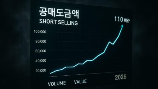 A detailed graph showing a sharp increase in short selling volume and value on a Korean stock market screen, with a dark, cloudy background symbolizing market uncertainty. The year 2026 is visible on the screen.
