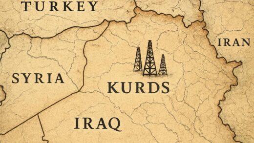 A detailed historical map showing the Kurdish region divided among Turkey, Iraq, Iran, and Syria, with oil rigs in the Kirkuk area, representing the geopolitical division and resource conflict.