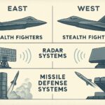 A detailed illustration comparing military technologies between East and West, showing stealth fighters, radar systems, and missile defense systems in a technological comparison chart style