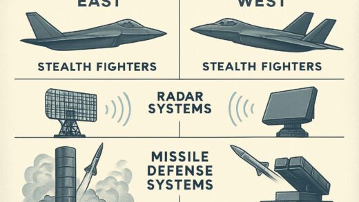 A detailed illustration comparing military technologies between East and West, showing stealth fighters, radar systems, and missile defense systems in a technological comparison chart style