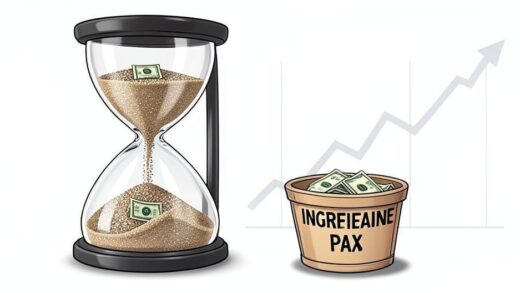 A detailed illustration of a large, clear hourglass where the sand represents money, flowing down into a basket labeled 'Inheritance Tax Paid'. In the background, a subtle graph showing an upward trend of a stock, symbolizing stability after the tax burden. The overall mood is one of resolution and future potential, professional and clear.