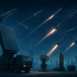 A detailed illustration of the Korean Air and Missile Defense (KAMD) system in action, intercepting various types of missiles and drones over a futuristic city landscape with advanced radar systems and interceptor missiles. The sky is dark with streaks of light from intercepted projectiles. Focus on the technological aspects and a sense of security.