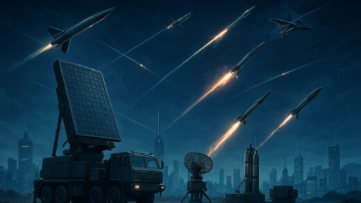 A detailed illustration of the Korean Air and Missile Defense (KAMD) system in action, intercepting various types of missiles and drones over a futuristic city landscape with advanced radar systems and interceptor missiles. The sky is dark with streaks of light from intercepted projectiles. Focus on the technological aspects and a sense of security.