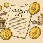 A detailed illustration showing a legal document with 'Clarity Act' title, with crypto coins like Bitcoin and Ethereum floating around, and arrows pointing from traditional finance institutions to the crypto market.