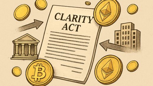 A detailed illustration showing a legal document with 'Clarity Act' title, with crypto coins like Bitcoin and Ethereum floating around, and arrows pointing from traditional finance institutions to the crypto market.