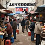 A detailed illustration showing contrast between North Korea's official state-controlled economy and hidden market activities, with people trading goods in clandestine markets alongside propaganda posters, digital art style with realistic textures and muted colors.