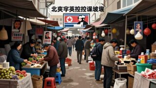 A detailed illustration showing contrast between North Korea's official state-controlled economy and hidden market activities, with people trading goods in clandestine markets alongside propaganda posters, digital art style with realistic textures and muted colors.