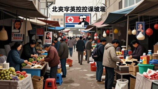 A detailed illustration showing contrast between North Korea's official state-controlled economy and hidden market activities, with people trading goods in clandestine markets alongside propaganda posters, digital art style with realistic textures and muted colors.