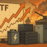 A detailed illustration showing ETF growth charts overlapped with battery infrastructure and energy storage systems, with upward trending arrows and war imagery in the background, representing investment during wartime