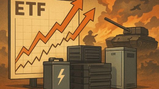 A detailed illustration showing ETF growth charts overlapped with battery infrastructure and energy storage systems, with upward trending arrows and war imagery in the background, representing investment during wartime