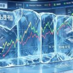 A detailed illustration showing interest rate graphs frozen in ice while market rates spike upwards, with Korean currency symbols and worried investors in the background, modern economic dashboard style.