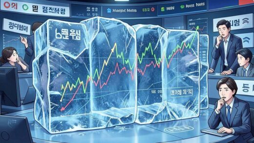 A detailed illustration showing interest rate graphs frozen in ice while market rates spike upwards, with Korean currency symbols and worried investors in the background, modern economic dashboard style.