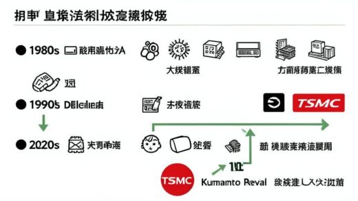 A detailed illustration showing Japan's semiconductor history timeline with icons representing different eras: 1980s dominance, 1990s decline, and 2020s revival efforts with TSMC logo and Kumamoto factory.