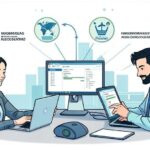 A detailed illustration showing small business owners using digital technology with government funding symbols in the background, modern and professional style