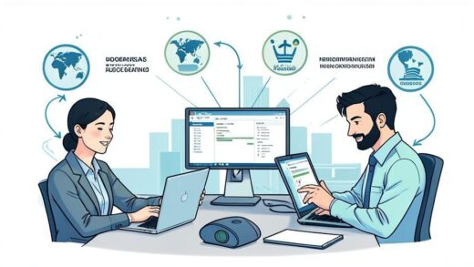 A detailed illustration showing small business owners using digital technology with government funding symbols in the background, modern and professional style