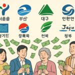 A detailed illustration showing various city and provincial emblems with money symbols flowing from them to citizens, representing local government support funds in Korea.