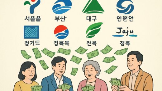 A detailed illustration showing various city and provincial emblems with money symbols flowing from them to citizens, representing local government support funds in Korea.
