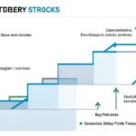 A detailed infographic showing a staircase pattern of stock price movement for secondary battery stocks, with arrows indicating upward trends and strategic buy/sell points, professional financial chart style, clean modern design