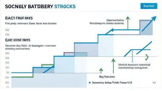 A detailed infographic showing a staircase pattern of stock price movement for secondary battery stocks, with arrows indicating upward trends and strategic buy/sell points, professional financial chart style, clean modern design