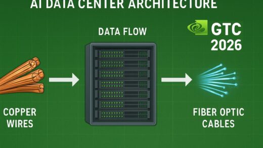 A detailed infographic showing AI data center architecture with copper wires being replaced by fiber optic cables, with NVIDIA logo and GTC 2026 conference imagery in the background, arrows showing data flow transformation