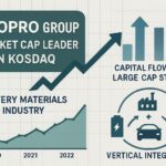 A detailed infographic showing EcoPro Group's position as market cap leader in KOSDAQ, with arrows showing capital flow into large-cap stocks, battery materials industry growth chart, and vertical integration concept visualization in a modern financial analysis style