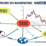 A detailed infographic showing geopolitical risk factors affecting South Korean stock market in 2026, with arrows pointing between US, North Korea, Middle East, and South Korea, with KOSPI chart in background.
