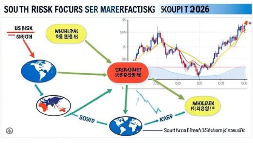 A detailed infographic showing geopolitical risk factors affecting South Korean stock market in 2026, with arrows pointing between US, North Korea, Middle East, and South Korea, with KOSPI chart in background.