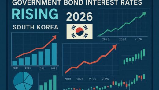 A detailed infographic showing government bond interest rates rising on a digital financial dashboard with charts and graphs, representing economic indicators in South Korea in 2026.