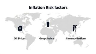 A detailed infographic showing inflation risk factors including oil prices, geopolitical tensions, and currency fluctuations, with arrows pointing upward, modern minimalist style