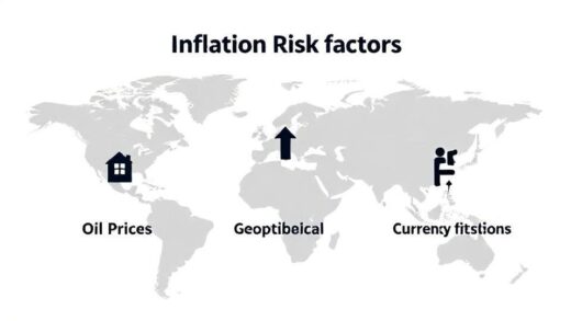 A detailed infographic showing inflation risk factors including oil prices, geopolitical tensions, and currency fluctuations, with arrows pointing upward, modern minimalist style