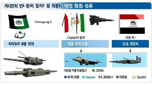 A detailed infographic showing Korean defense exports to Middle Eastern countries with flags of UAE, Saudi Arabia, Iraq and Qatar, featuring Cheongung-2 missile systems and export statistics.