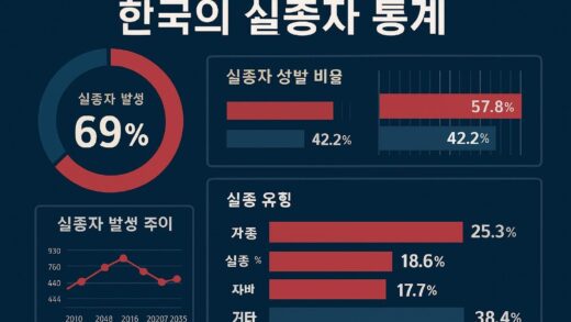 A detailed infographic showing missing persons statistics in Korea with percentages, timelines and graphs, professional design with Korean text labels, dark blue and red color scheme