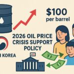 A detailed infographic showing rising oil prices reaching $100 per barrel, with Korean government symbols and money flowing to citizens, representing the 2026 oil price crisis support policy.