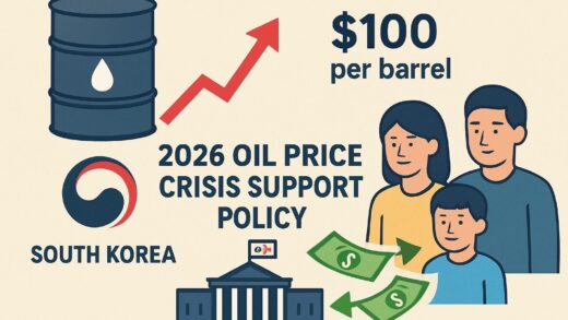 A detailed infographic showing rising oil prices reaching $100 per barrel, with Korean government symbols and money flowing to citizens, representing the 2026 oil price crisis support policy.