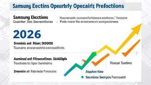 A detailed infographic showing Samsung Electronics' quarterly operating profit projections for 2026, comparing domestic and foreign securities firms' forecasts with upward trending arrows and semiconductor imagery in the background.