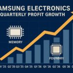 A detailed infographic showing Samsung Electronics' quarterly profit growth from 2025 to 2026, with dramatic upward arrows and semiconductor icons representing memory and foundry businesses, professional financial chart style