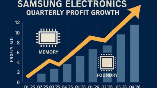 A detailed infographic showing Samsung Electronics' quarterly profit growth from 2025 to 2026, with dramatic upward arrows and semiconductor icons representing memory and foundry businesses, professional financial chart style