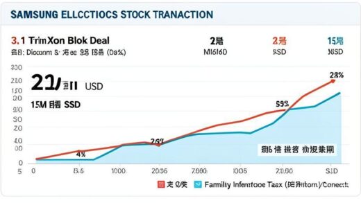 A detailed infographic showing Samsung Electronics stock transaction data: 3.1 trillion won block deal, 21 billion USD, 15 million shares, with discount percentages and family inheritance tax context. Clean financial chart style with Korean won and USD symbols.